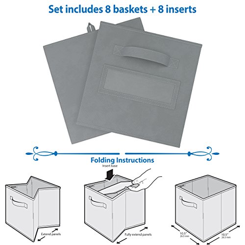 Royexe - Storage Cubes - (Set of 8) Storage Baskets | Features Dual Handles & 10 Label Window Cards | Cube Storage Bins | Foldable Fabric Closet Shelf Organizer | Drawer Organizers and Storage (Grey) - Thumbnail 4