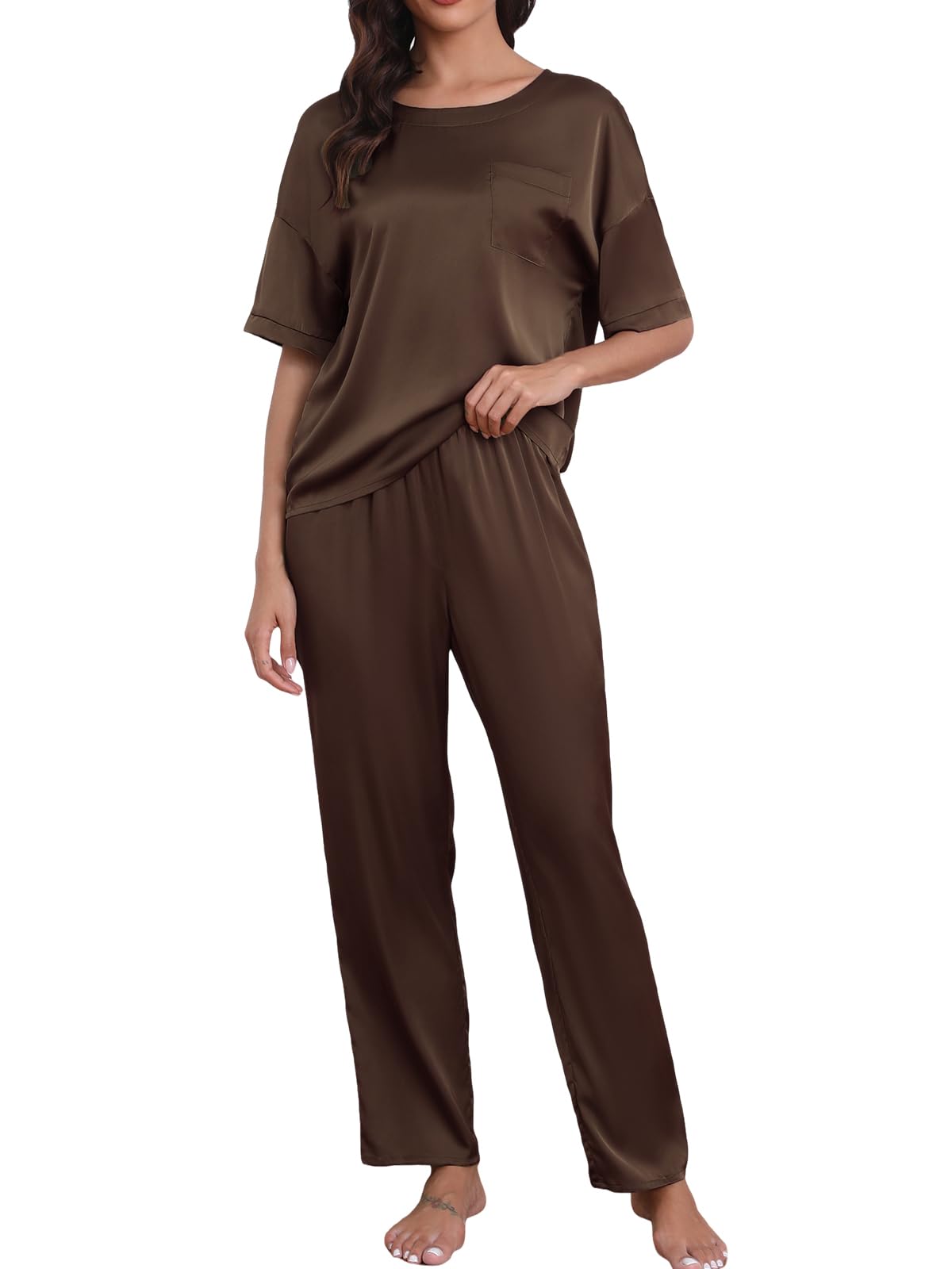 CUPSHE Womens Satin Silk Pajama Set Soft Pjs Sleepwear Short Sleeve Top with Long Pajama Pant Set
