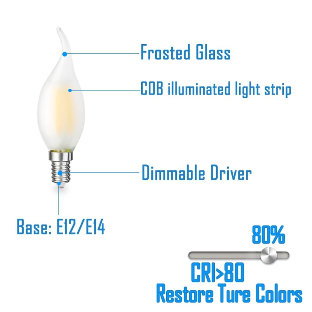 1fortunate lights, Paquete de 10 bombillas de filamento de cola de vela Retro AC220V E14 2W/4W/6W lámpara LED de decoración esmerilada regulable lámpara de araña(Cold White,6W)