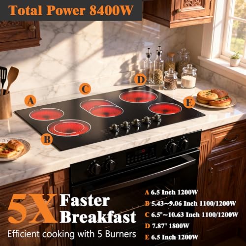 Image of Electric Cooktop 30 Inch(Cut-out Size: 29.13 inchx19.3 inch) - 8400W High Power 5 Burners Electric Stove, Built-in 30 Inch Burner Knob Control, Timer, Safety Lock, 240V Hard Wired (No Plug)