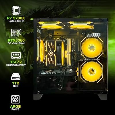 AEXPXO Gaming PC Desktop,Prebuilt Gaming Computer with,AMD Ryzen 7 5700X 3.4GHz,RTX5060 8GB GDDR7 DLSS4,32GB DDR4 RAM 3200MHz,1TB NVME SSD,ARGB Cooling Fan,Supply WiFi Support