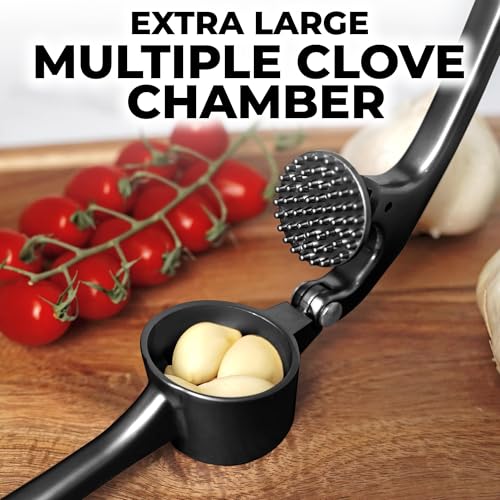 Zulay Kitchen Large Premium Garlic Press Set - Bigger Bowl for Bigger Garlic - Rust Proof Garlic Mincer Tool - Easy-Squeeze, Easy-Clean Silicone Garlic Peeler & Brush (Black) #2