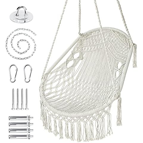 WBHome Hammock Chair Swing with Tassel, Hand Woven Cotton Rope Hanging Macrame Swing Chair Without Stand for Bedroom, Patio, Yard, Indoor, Outdoor, Max Weight 265 Lbs (Beige) Cover