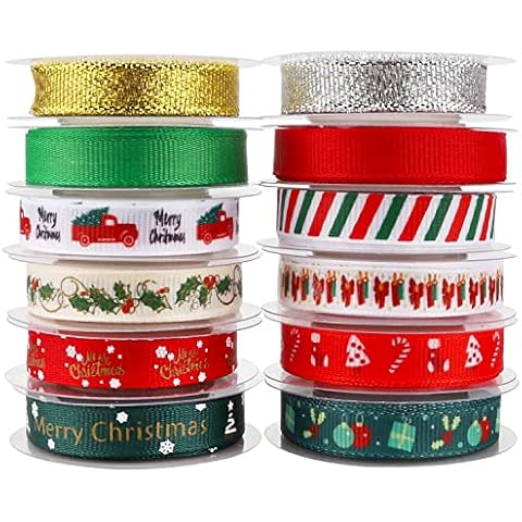 Kingovalley 12 Rolls Christmas Ribbons, Christmas Printed Satin Grosgrain Ribbons Gold Silver Metallic Glitter Ribbons for Xmas Gift Wrapping DIY Crafts Winter Holiday Festival Décor Cover