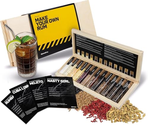 DIBYS Coffret d'Épices pour Rhum Mini | 12 Botanicals pour Coffret Rhum | Avec 4 Cartes de Recettes, Lexique des Épices & Coffret en Bois Élegant | Accessoires pour Faire son Rhum