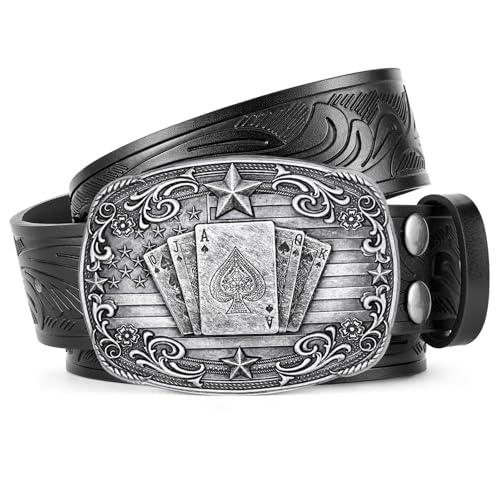 Image of SANSTHS Western Cowboy Belts for Men Women, Mens Western Belt Bull Buckle Country Belt Cowboy Leather Belt for Jeans