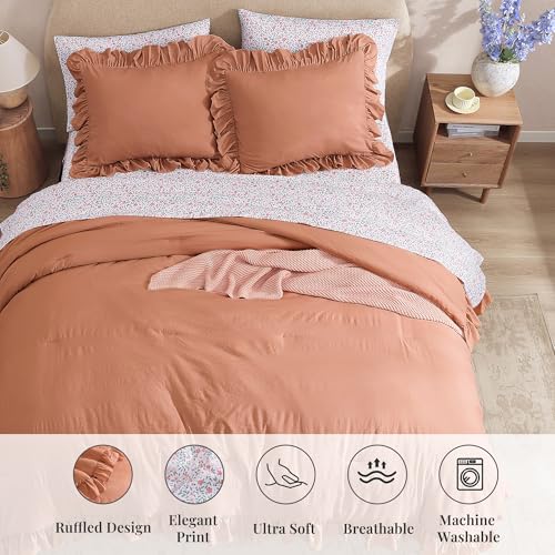 Full Comforter Set - 7 Pieces Ruffle Autumn Leaf Bedding Sets, Shabby Chic Farmhouse Bed in a Bag Full with Ruffle Comforter, Floral Sheets, Pillowcases & Shams