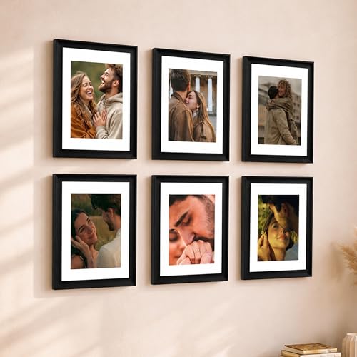 Image of Art Street 8x10 Picture Frame Set of 6, Display Pictures 5x7 with Mat or 8x10 Without, Gallery Wall Frame Set for Wall or Tabletop Display, Engineered Wood with Shatter Resistant Plexiglass, Black