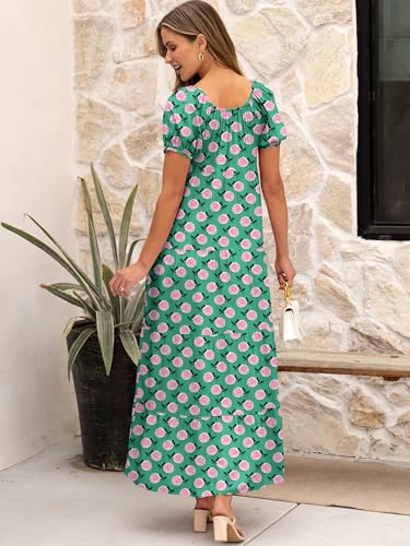Image of ANRABESS Women's Boho Maxi Dresses 2025 Summer Casual Floral Puff Short Sleeve Tie Front Flowy Swing Tiered Long Beach Dress