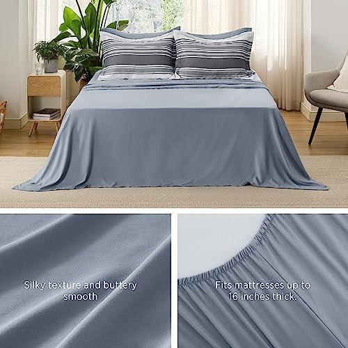 Image of Bedsure Queen Comforter Set 7 Pieces, Dark Grey Striped Bedding Set for All Seasons, Reversible, Cationic Dyeing Bed in a Bag with Comforter, Sheets, Pillowcases & Shams