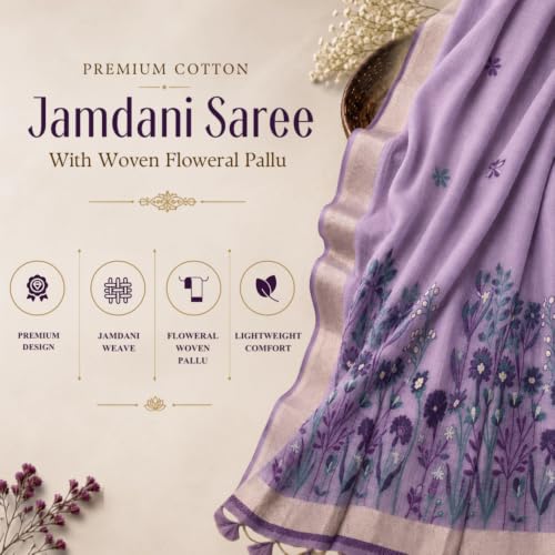Image of Premium Cotton Jamdani Saree with Woven Floral Pallu & Matching Blouse Piece | Soft Lightweight Ethnic Wear for Women