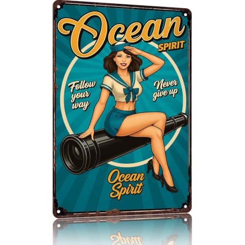 Vintage Ocean Spirit Pinup Girl Metal Signs 8x12 Inch, Navy Wall Decor