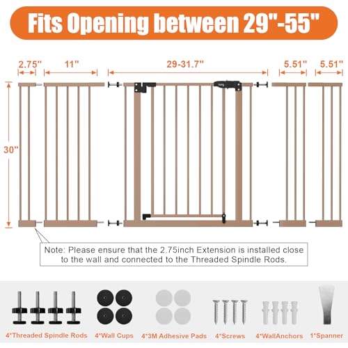 Image of keny 29 inch-55 inch Extra Wide Baby Gate, Pressure Mounted No Drilling Dog Gate | for Stairs Doorways, Easy Walk Through Safety Gate for Babies or Pets, 30 inch Tall, Brown