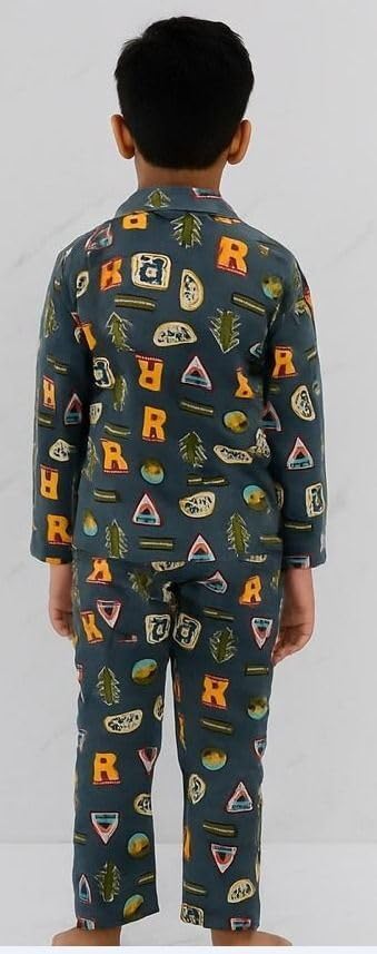 Image of TONY & JONY Summer Casual Wear Self Design Cartoons Printed Full Sleeve 100% Pure Cotton Kid's Top Bottom Set /Night Suit