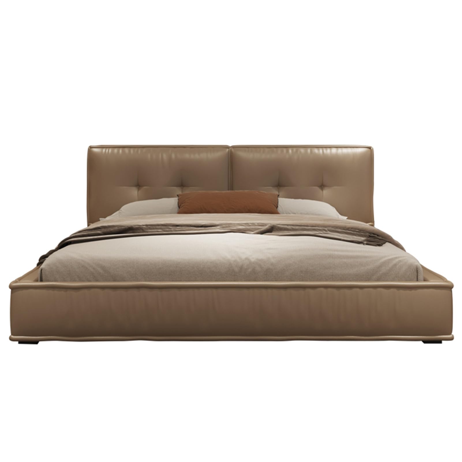 OUDINI Leather Bed Modern King Size Upholstered Platform Bed Frame Solid Wooden Slats Support No Box Spring Needed
