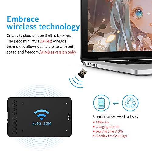 Wireless Drawing Tablet Xppen Deco Mini7W Graphic Tablet Pen Tablet With 8192 Levels Pressure, 7 X 4 Inch Artist Tablet For Online Teaching/E-Learning Compatible With Window/Mac/Android/Chrome/Linux #TOP1