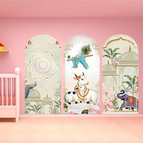 Image of Ridit Creation Krishna Cow Wall Poster Set of 3 (120x90 cm) | Modern Religious Wall Art | Lord Krishna Flute with Cow Canvas Print | Decorative Wall Poster for Living Room, Bedroom & Temple Decor