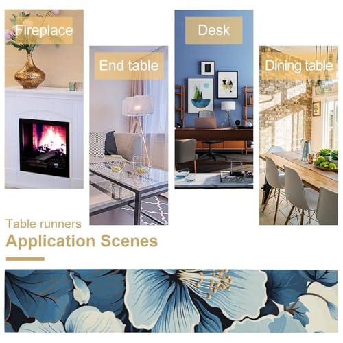 Chemin de table en lin imprimé fleur d'hibiscus bleu 183 cm maison - 6
