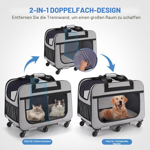 FASNATI Extra Große Katzentransportbox für 2 Katzen bis 20kg, Faltbare Transportboxen für 2 Katzen mit Rollen, Transportbox Katze Groß für Spaziergänge/Camping, Grau