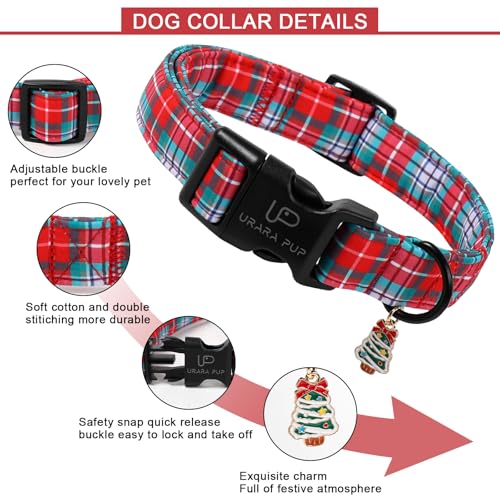 Image of Christmas Dog Collar, Red and Green Plaid Adjustable Pet Collar with Snowflake Charm, Holiday Dog Accessories for Small Medium Large Dogs