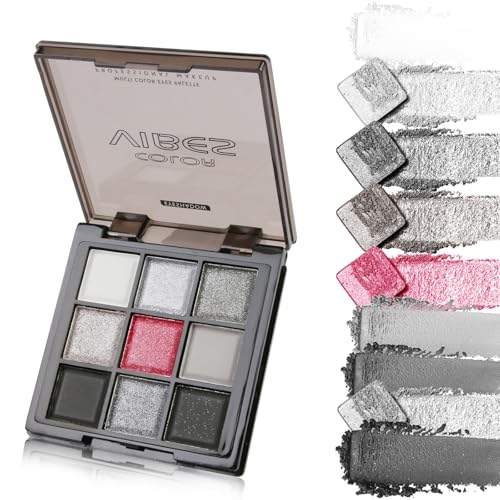 9 Colors Smoky Eyeshadow Palette – Silver, Black, Gray & Red Eyeshadow for Bold Eye Looks, Highly Pigmented Glitter & Matte Shades, 24-Hour Long-Lasting Waterproof Formula, Easy to Blend Eye Makeup