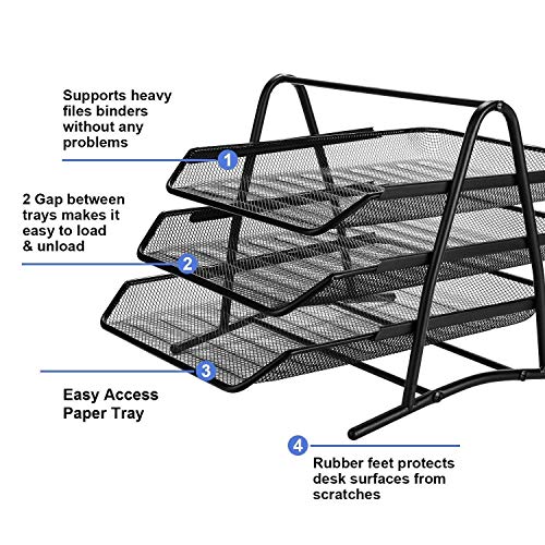Image of 3-Tier Mesh Metal Desk Organiser File Rack | A4 Letter Tray Document Holder | 3 Layer Metal File Paper Magazine Organizer for Office Home Desktop (Black)