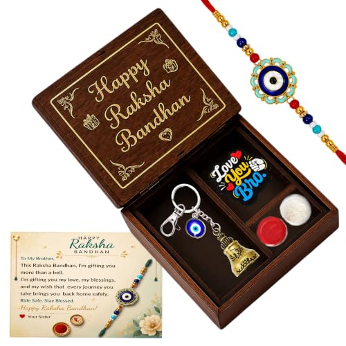 Image of SWAGSTATION Rakhi Gift for Brother, Evil Eye Rakhi with Guardian Bell Evil Eye Keychain, Love You Bro Fridge Magnet, Greeting Card, Roli Chawal & MDF Gift Box, Raksha Bandhan Gift Set