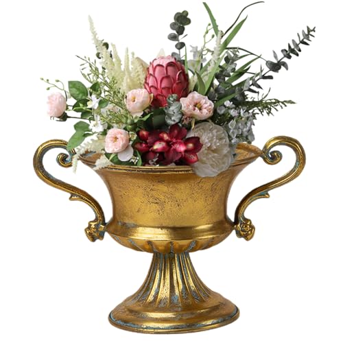 Metal Vase 6 Inch Vintage Trophy-Shaped Golden Color Iron Pedestal Vase with Handle DIY Friendly Decorative Flower Pot for Centerpiece, Wedding, Banquet, Party Metal