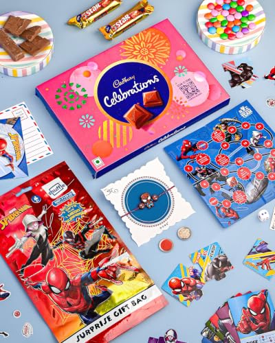 Image of Hyperfoods Rakhi for kids with gift Spiderman rakhi for kids boy Chocolate gift hamper Rakhis Celebrations chocolate box, surprise gift bag & fun activity game for boys