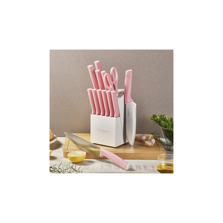 IKRUTO 15-Piece Kitchen Knife Set with Block, Built-in Sharpener, Anti-Slip Handle, Non-Slip Base – Professional Chef Knife Set for Effortless Cooking（Pink White）