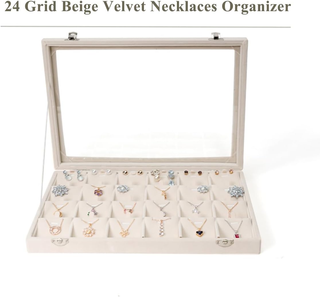 Jewelry Box Necklace Organizer Tray (Beige) Necklace Display Case for Storage Jewelry Necklaces Display Stand 24 Slot Pendant Holder for Women