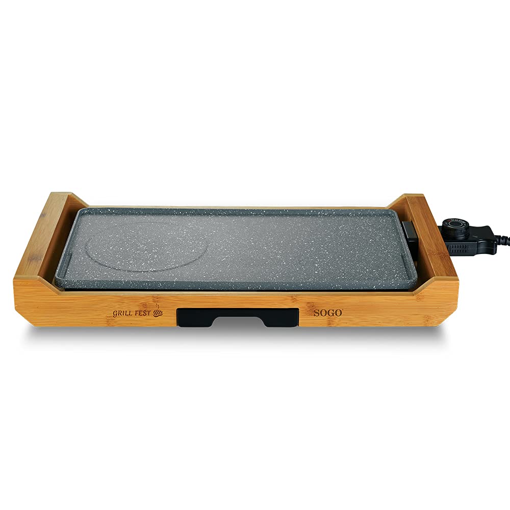 SOGO Piastra elettrica grill 43x23 cm con rivestimento antiaderente effetto pietra e base in bambù 2200W