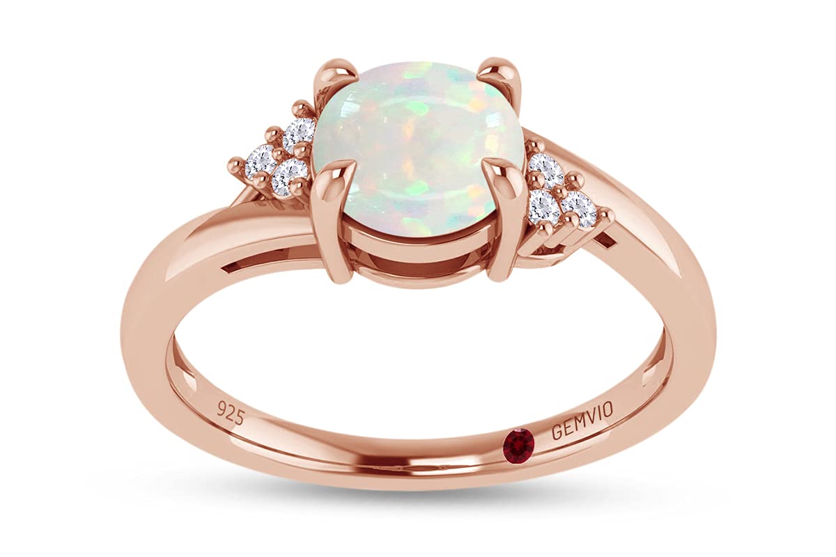 3/4 CT 6MM Round Natural White Opal Gemstone & Diamond Accent Solitaire Rings in 14K Gold Over Sterling Silver Engagement Promise Ring For Womens (0.75Cttw) Valentine's Day Gift For Her