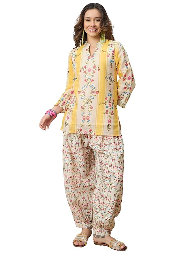 Image of EthnicJunction Women's Linen Floral Print Summer Wear Straight Short Kurti with Afghani Pant Set | Co Ord Set for Women Stylish | Fusion wear Women