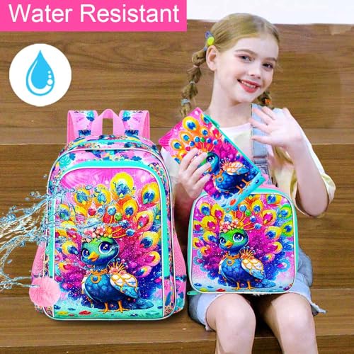 Image of 3Pcs Backpack for Girls, 16 inch Kids Bookbag with Lunch Box,Peacock School Backpacks for Elementary Preschool Kindergarten (Pink)