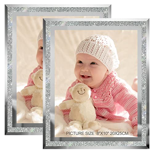 HIKWADERY 8x10 Picture Frames Silver - Set of 2, Sparkle Real Glass 8 by 10 Photo Frame Mirrored Edge Great Gift, for Tabletop Display, Wedding Birthday Mothers Day Gifts (8 x 10, Glitter Silver)