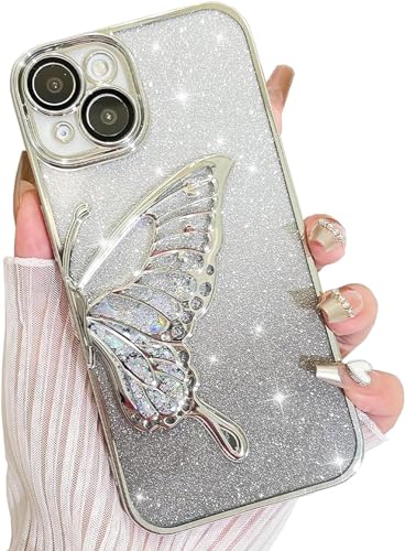 Image of SHINESTAR 3D Butterfly Case for iPhone 13 Cover, Cute Girly Glitter Bling Luxury Back Cover for Women Girls Protective Shockproof Slim Camera Protection (or iPhone 13 - Silver