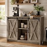 4 EVER WINNER 42' Farmhouse Coffee Bar, Buffet Cabinet with Sliding Barn Door & Adjustable Shelf for Small Spaces, Coffee Station Cabinet for Kitchen, Living, Dining Room, Wash Grey