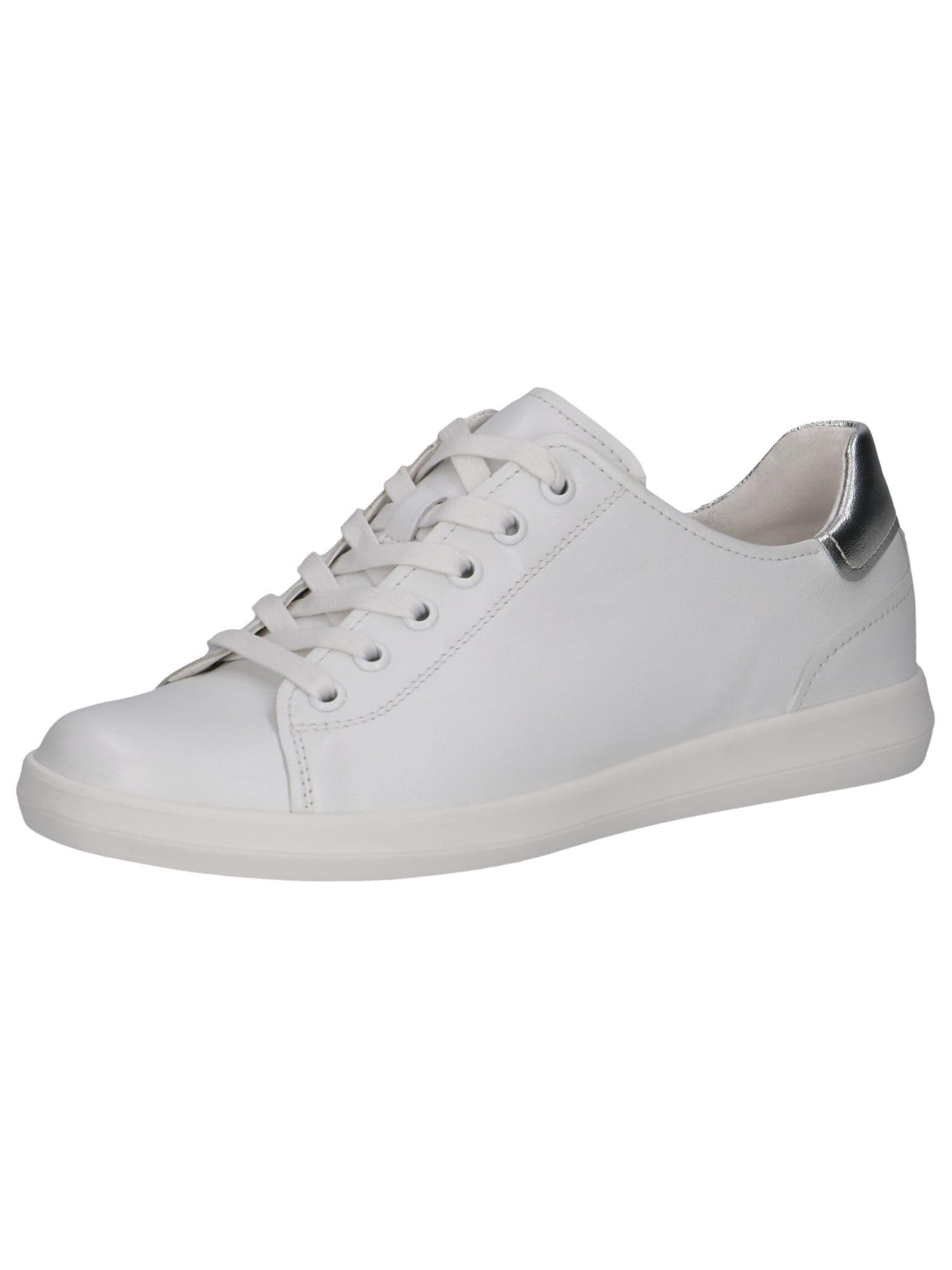 CAPRICE Women's Flat Leather Sneakers Low Top, White (White/Silver), 4.5 UK