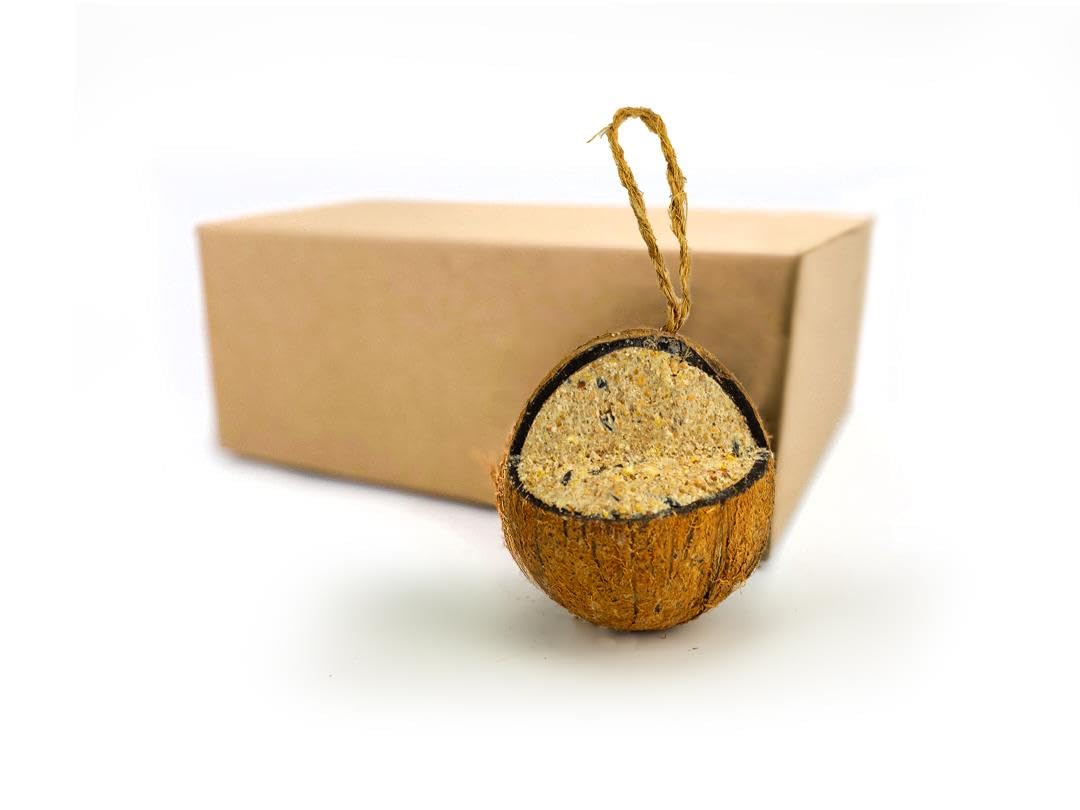 Chubby Quarter Cut Filled Coconut (6 x), Coconuts Halve Wild Bird Feed with Insect oil, Coconut Shell Suet Birds Food, Protein Rich Suet for Blackbirds, Woodpeckers, Starlings & Sparrows