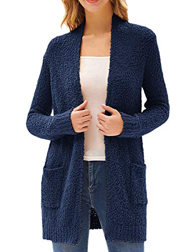 Women's Long Sleeve Soft Chunky Knit Sweater Open Front Cardigan Outwear with Pockets(L,Navy)