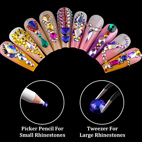 Mixed Color Flatback Round And Ellipse Shape Rhinestones Kit, Multi Size Glass Crystals Bead With Pickup Pencil And Tweezer For Nail Art #TOP3