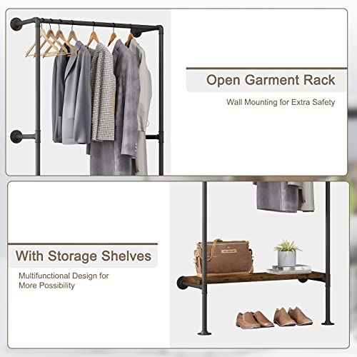 WOLTU Kleiderstange industrial schwarz,Kleiderständer für Wandmontage,Garderobenständer mit Ablage,für Schlafzimmer,Kleiderstangensystem aus Metallrohren MDF