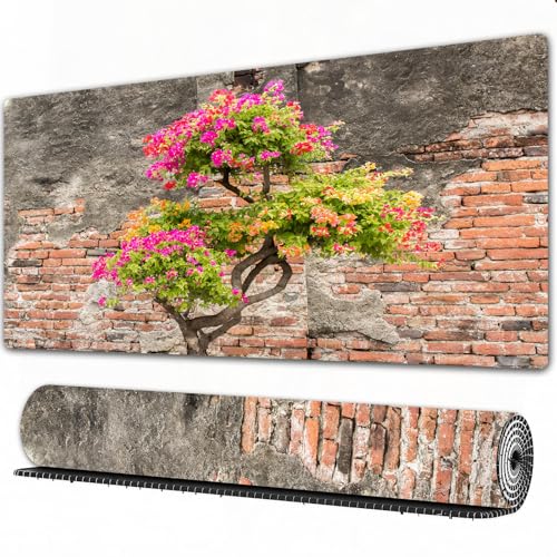 FEHWI Grand Tapis de Souris de Jeu avec Bords surpiqués et Dos antidérapant,sous-Main pour Clavier et Souris,Rustique, Petit Arbre Frais avec des Fleurs Fuchsia Devant Le thème de l'espoir,90×40 cm