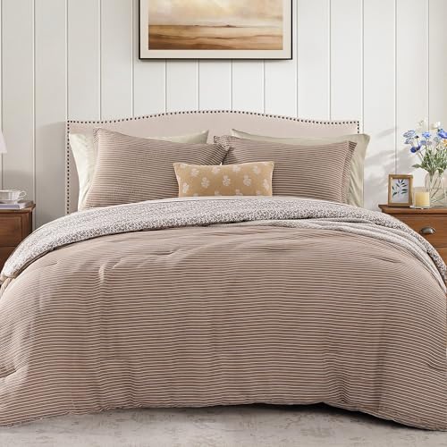 Image of BLOOMHAVEN Full Comforter Set - 7 Pieces Dark Brown Bedding Sets for All Seasons, Lightweight Breathable Bed in a Bag Full with Revesible Farmhouse Comforter, Sheets, Pillowcases & Shams