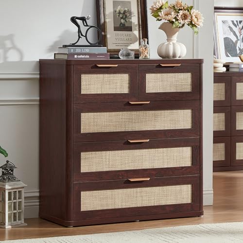 Image of LEYAOYAO Dresser for Bedroom Set of 2, 33.5 inch Tall Chest of Drawers, Modern 5 Drawers Boho Rattan Dressers with Storage, Dresser Wooden Closet Organizer for Living Room, Hallway
