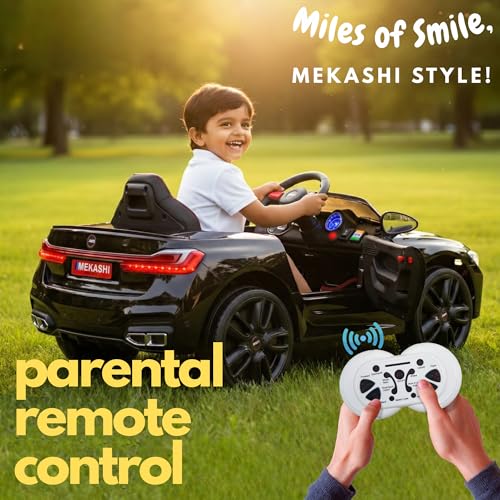 Image of MEKASHI Electric Ride-On Car for Kids 1-7 Years, 12V Battery, Remote Control, 5 Speed, LED Lights, Bluetooth, Metallic Black