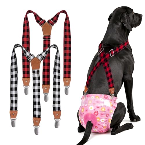 Image of Pet Soft Dog Suspenders 2 Pieces Female Dog Diaper Suspenders for Dogs Diaper Keeper Suspender for Dogs Skirt, Doggy Dress (Plaid, M /L)