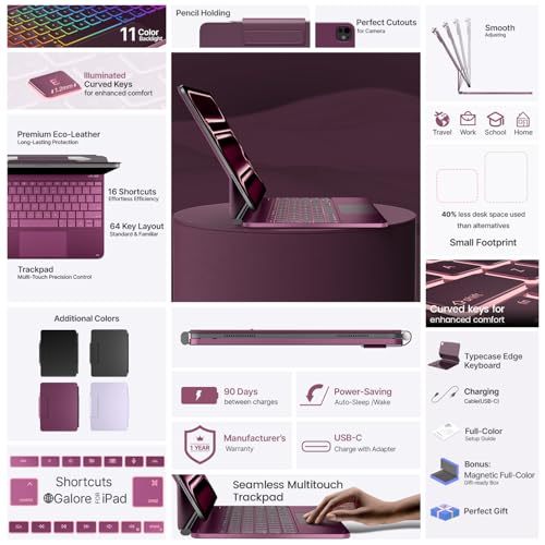 Image of typecase Keyboard Case for iPad Pro 13-inch (M5 2025 / M4 2024), Magic Keyboard with 11 Colors Backlight, Keyboard Case with Pencil Holder, Multi-Touch Trackpad, Easy-Set Magnetic Stand, Raspberry