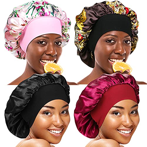 4 Pieces Wide Band Satin Cap Sleep Bonnet Soft Night Sleep Hat Hair Loss Cap Salon Bonnet for Women